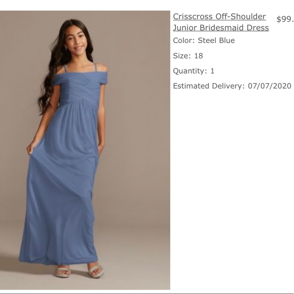 New David’s bridal junior bridesmaid dress crisscross off shoulder steel blue